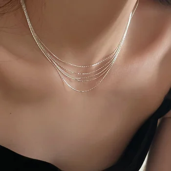 Посеребренная многослойная цепочка-змейка 925 Пробы, очаровательное ожерелье для женщин и девочек, ювелирный подарок dz900