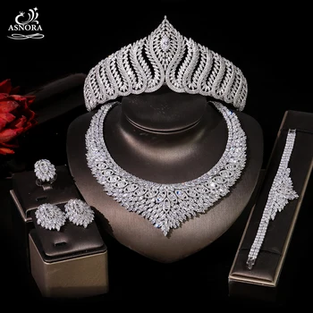 Роскошное свадебное женское ожерелье с кубическим цирконием, корона, 4 предмета, комплект ювелирных изделий из Дубая, аксессуары для золотой годовщины свадьбы